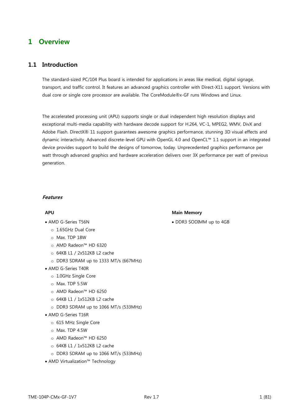 Overview, Introduction, Features | 1 overview, 1 introduction | ADLINK CM3-GF User Manual | Page 9 / 93