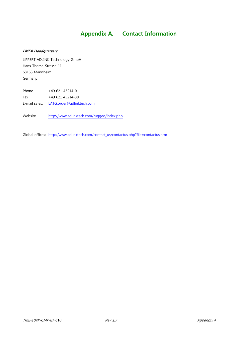 Appendix a, Contact information, Appendix a, contact information | ADLINK CM3-GF User Manual | Page 90 / 93