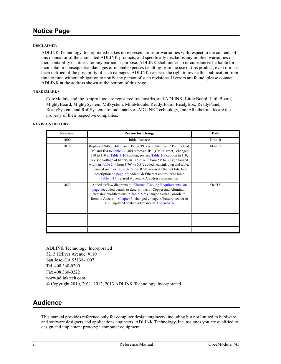 Notice page, Audience | ADLINK CoreModule 745 User Manual | Page 2 / 56