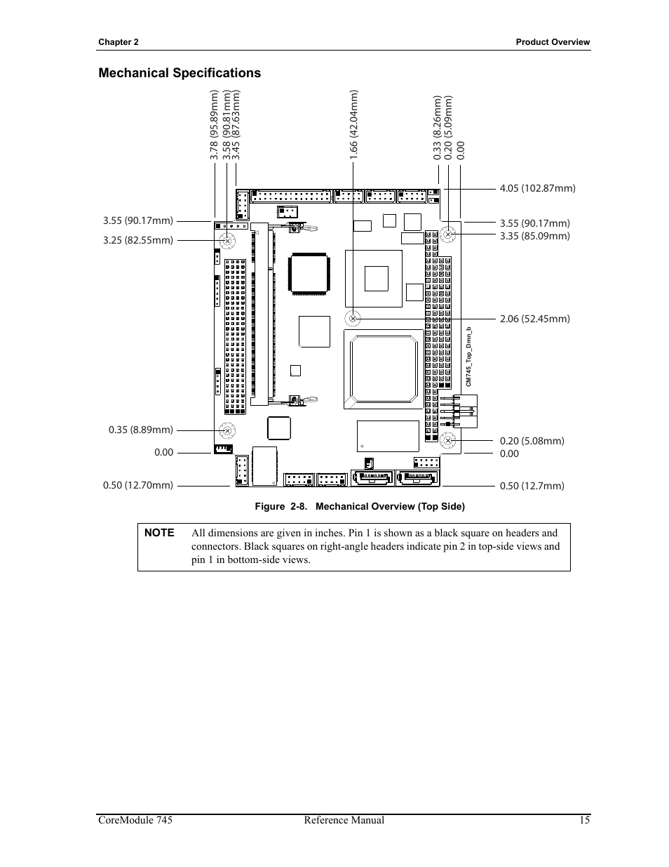 Mechanical specifications, Figure 2-8, Mechanical overview (top side) | ADLINK CoreModule 745 User Manual | Page 21 / 56