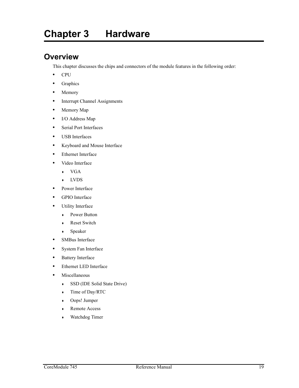 Chapter 3, Hardware, Overview | Chapter 3 hardware | ADLINK CoreModule 745 User Manual | Page 25 / 56