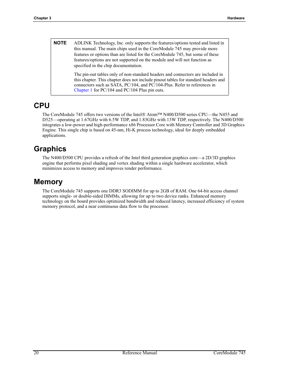 Cpu graphics memory, Graphics | ADLINK CoreModule 745 User Manual | Page 26 / 56