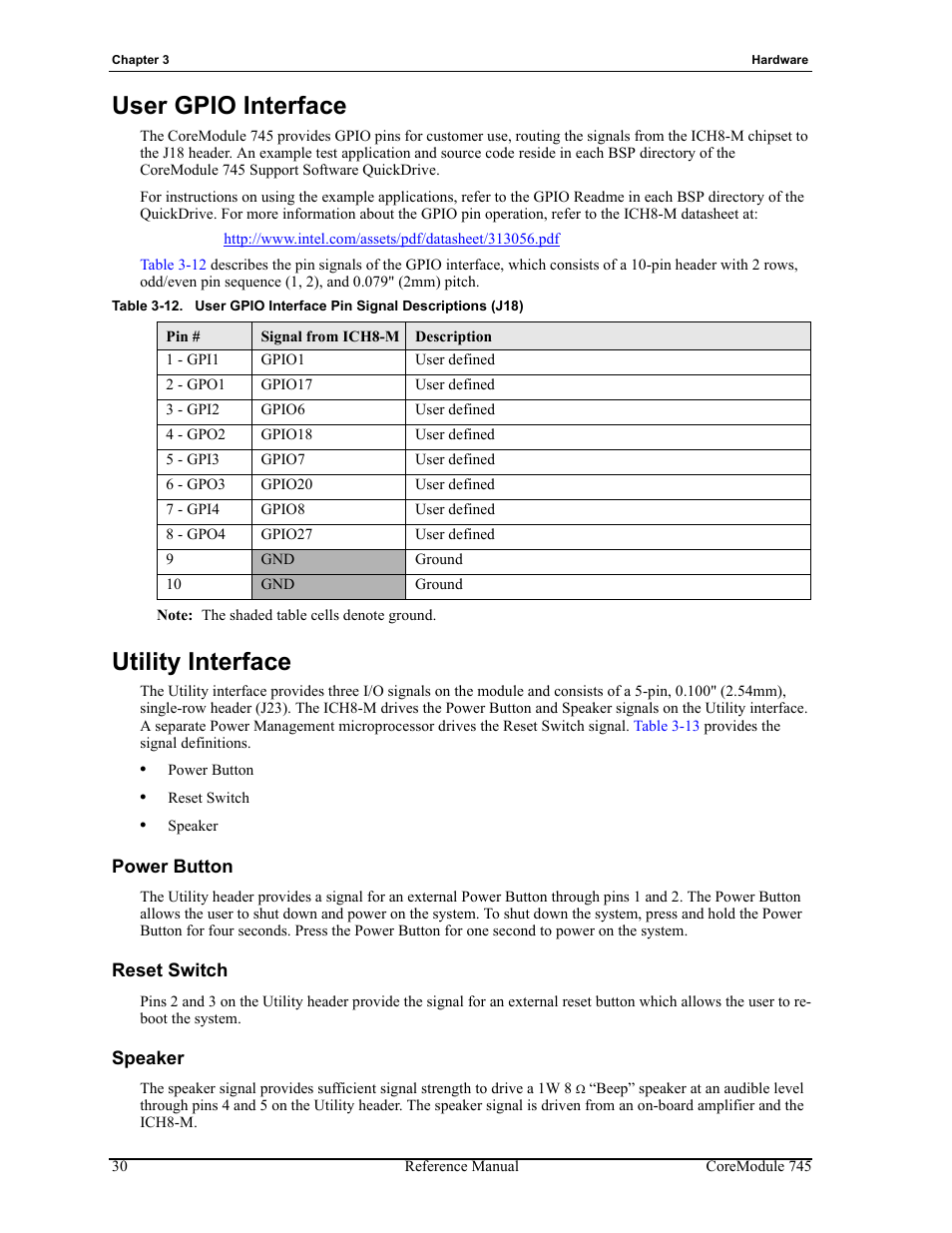 User gpio interface utility interface, Power button reset switch speaker, Table 3-12 | User gpio interface pin signal descriptions (j18), User gpio interface, Utility interface | ADLINK CoreModule 745 User Manual | Page 36 / 56