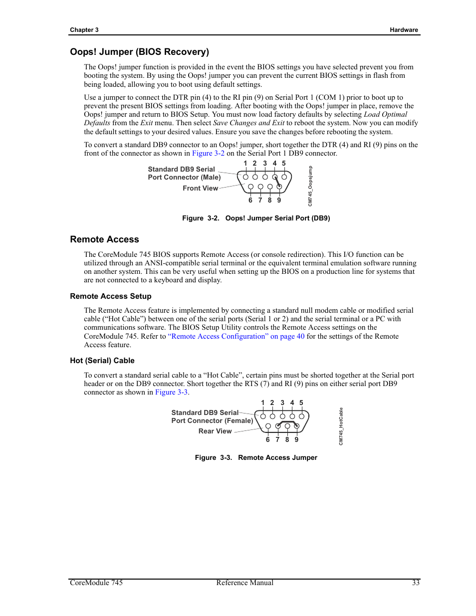 Oops! jumper (bios recovery) remote access, Remote access setup hot (serial) cable, Figure 3-2 | Oops! jumper serial port (db9), Figure 3-3, Remote access jumper, Oops! jumper (bios recovery), Remote access | ADLINK CoreModule 745 User Manual | Page 39 / 56