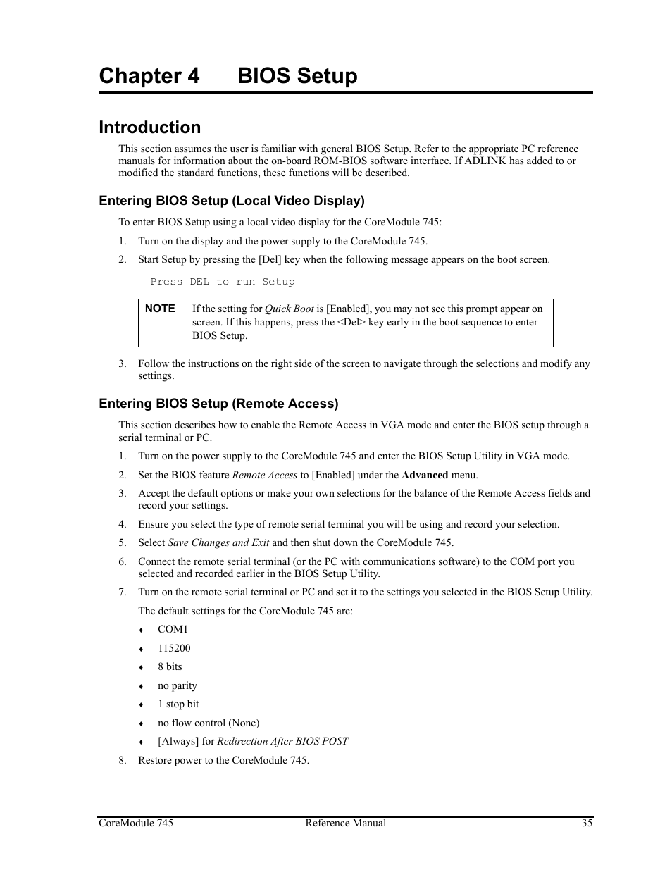 Chapter 4, Bios setup, Introduction | Chapter 4 bios setup | ADLINK CoreModule 745 User Manual | Page 41 / 56