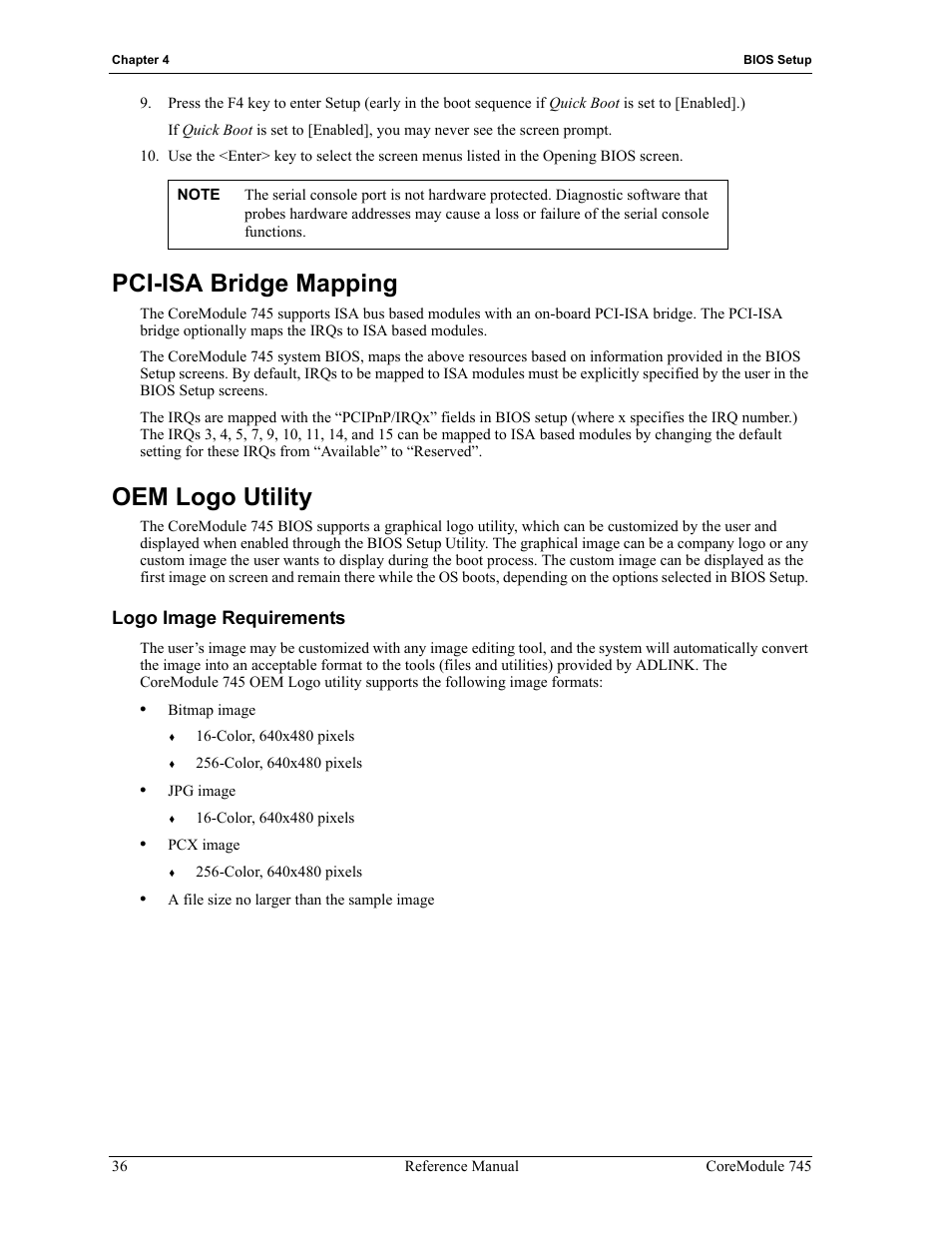 Pci-isa bridge mapping oem logo utility, Logo image requirements, Pci-isa bridge mapping | Oem logo utility | ADLINK CoreModule 745 User Manual | Page 42 / 56