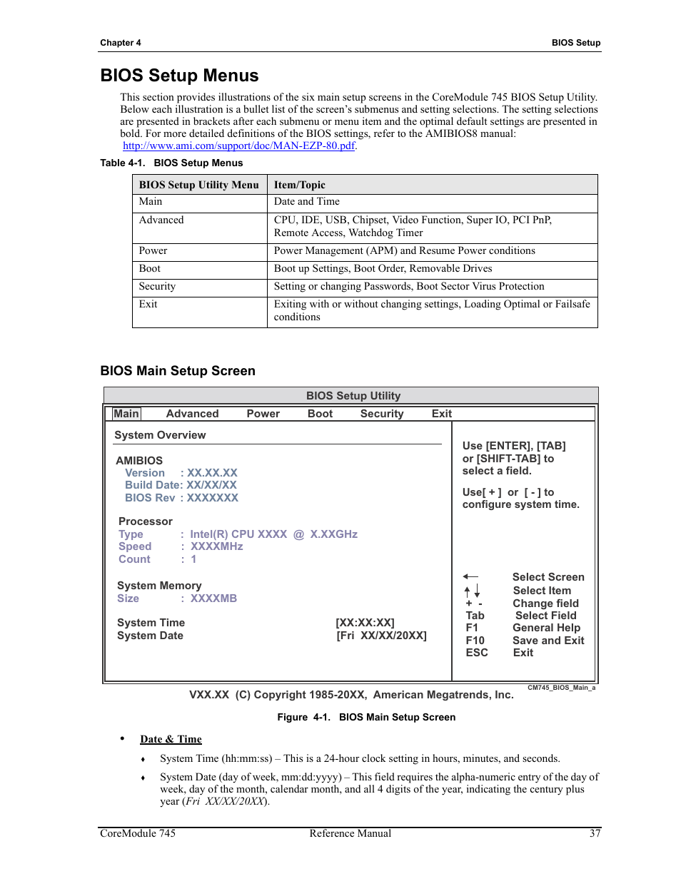 Bios setup menus, Bios main setup screen, Figure 4-1 | Table 4-1 | ADLINK CoreModule 745 User Manual | Page 43 / 56