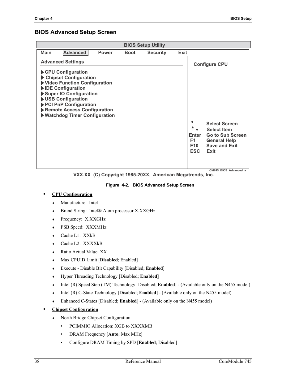 Bios advanced setup screen, Figure 4-2 | ADLINK CoreModule 745 User Manual | Page 44 / 56