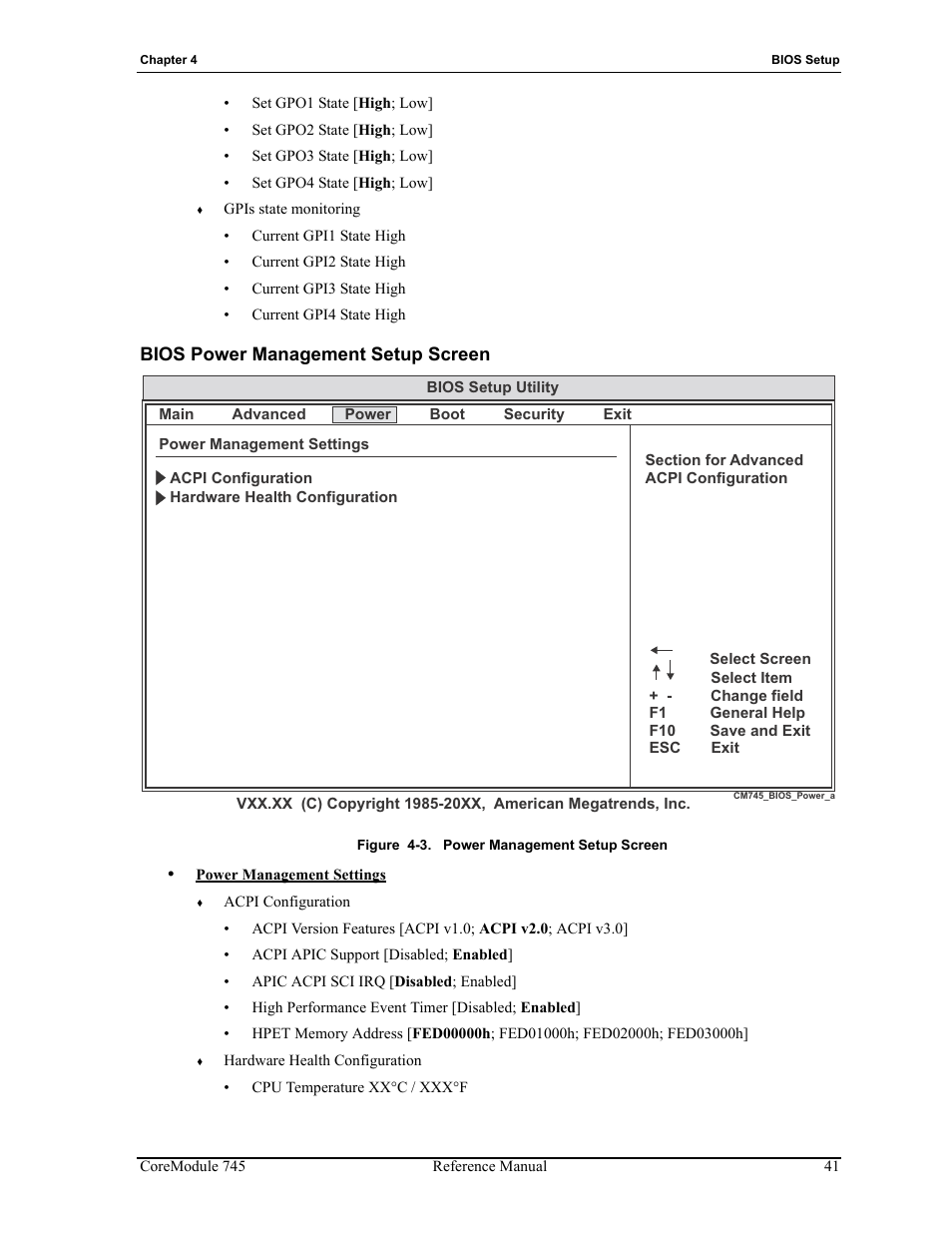 Bios power management setup screen, Figure 4-3, Power management setup screen | ADLINK CoreModule 745 User Manual | Page 47 / 56