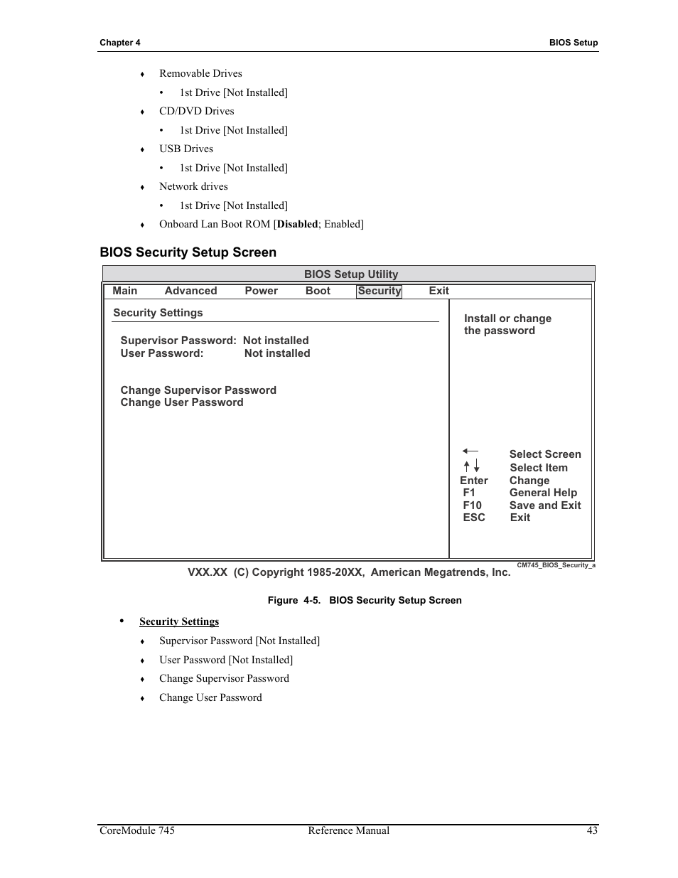 Bios security setup screen, Figure 4-5 | ADLINK CoreModule 745 User Manual | Page 49 / 56