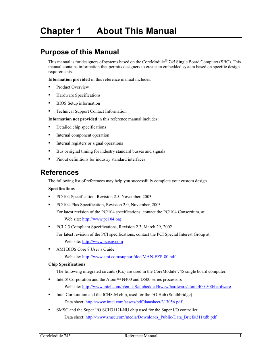 Chapter 1, About this manual, Purpose of this manual references | Chapter 1 about this manual, Purpose of this manual, References | ADLINK CoreModule 745 User Manual | Page 7 / 56