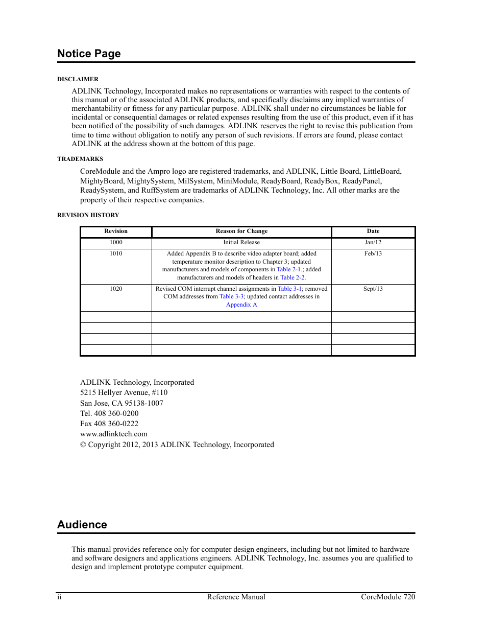 Notice page, Audience | ADLINK CoreModule 720 User Manual | Page 2 / 62