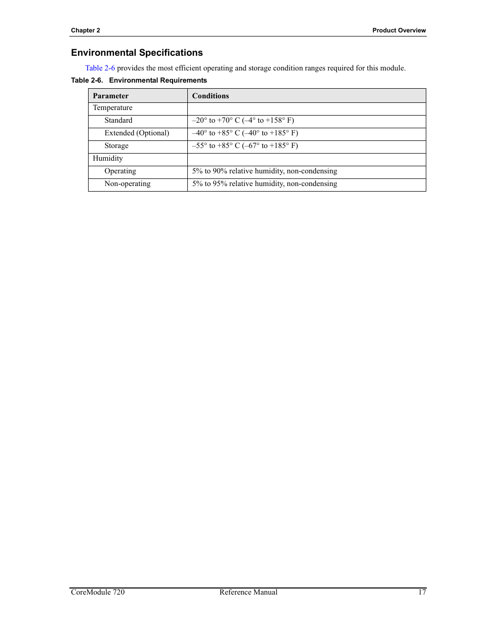 Environmental specifications, Table 2-6, Environmental requirements | ADLINK CoreModule 720 User Manual | Page 23 / 62