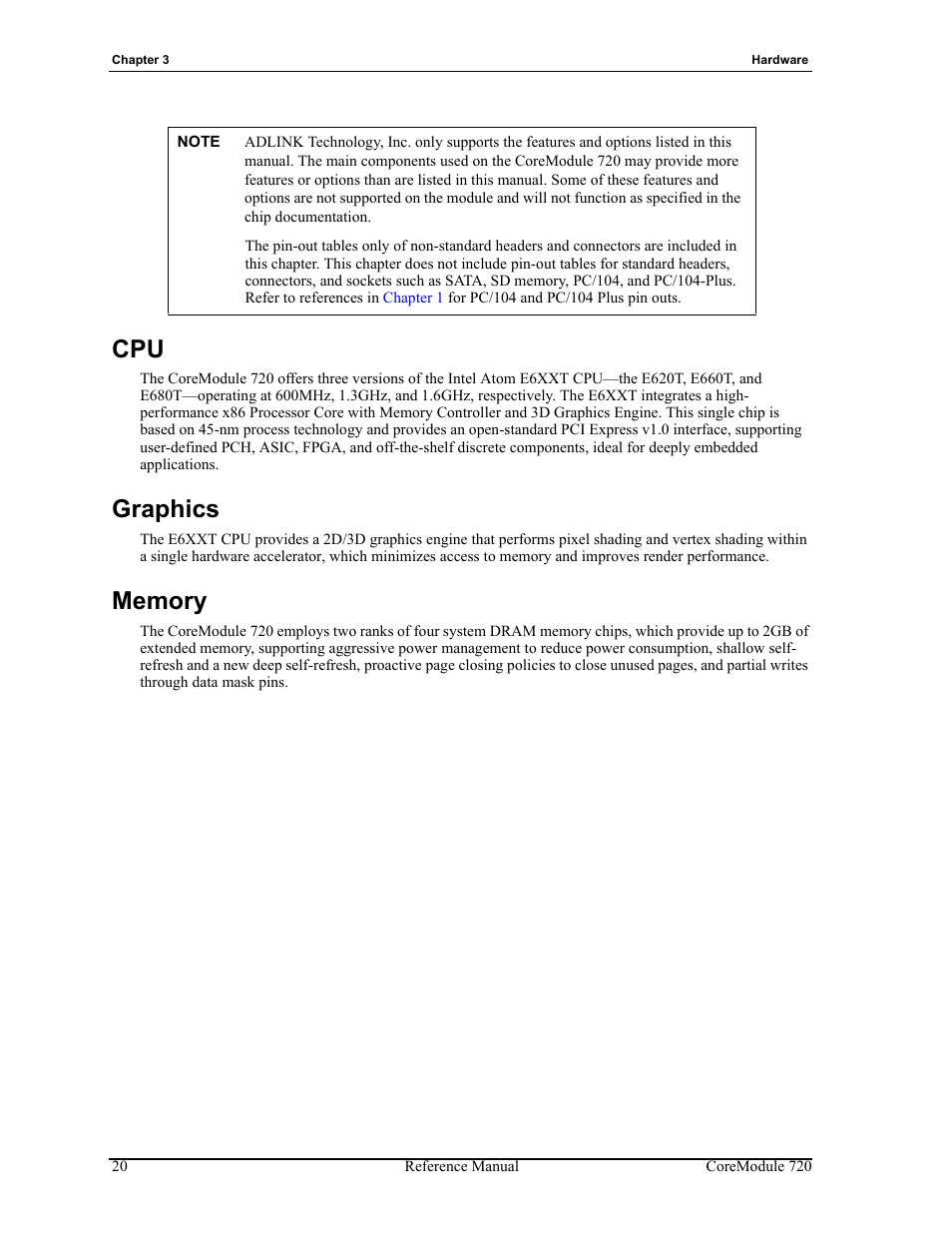 Cpu graphics memory, Graphics | ADLINK CoreModule 720 User Manual | Page 26 / 62