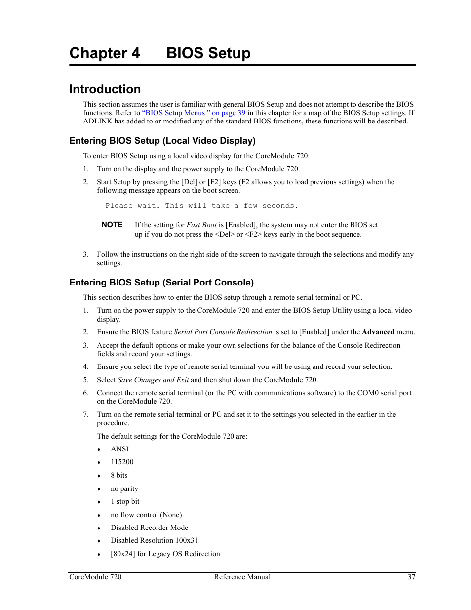 Chapter 4, Bios setup, Introduction | Chapter 4 bios setup | ADLINK CoreModule 720 User Manual | Page 43 / 62