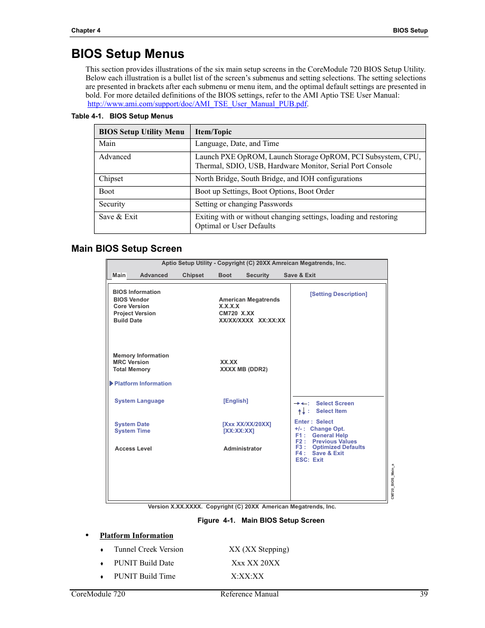 Bios setup menus, Main bios setup screen, Figure 4-1 | Table 4-1 | ADLINK CoreModule 720 User Manual | Page 45 / 62