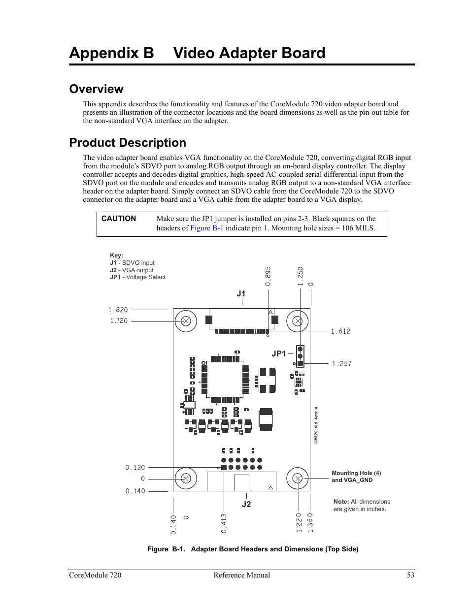 Appendix b, Video adapter board, Overview product description | Appendix b video adapter board, Overview, Product description | ADLINK CoreModule 720 User Manual | Page 59 / 62