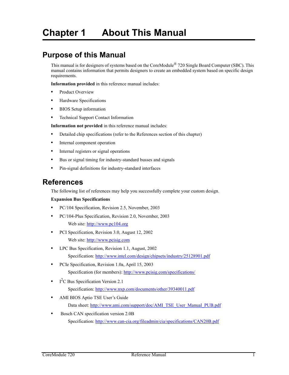 Chapter 1, About this manual, Purpose of this manual references | Chapter 1 about this manual, Purpose of this manual, References | ADLINK CoreModule 720 User Manual | Page 7 / 62