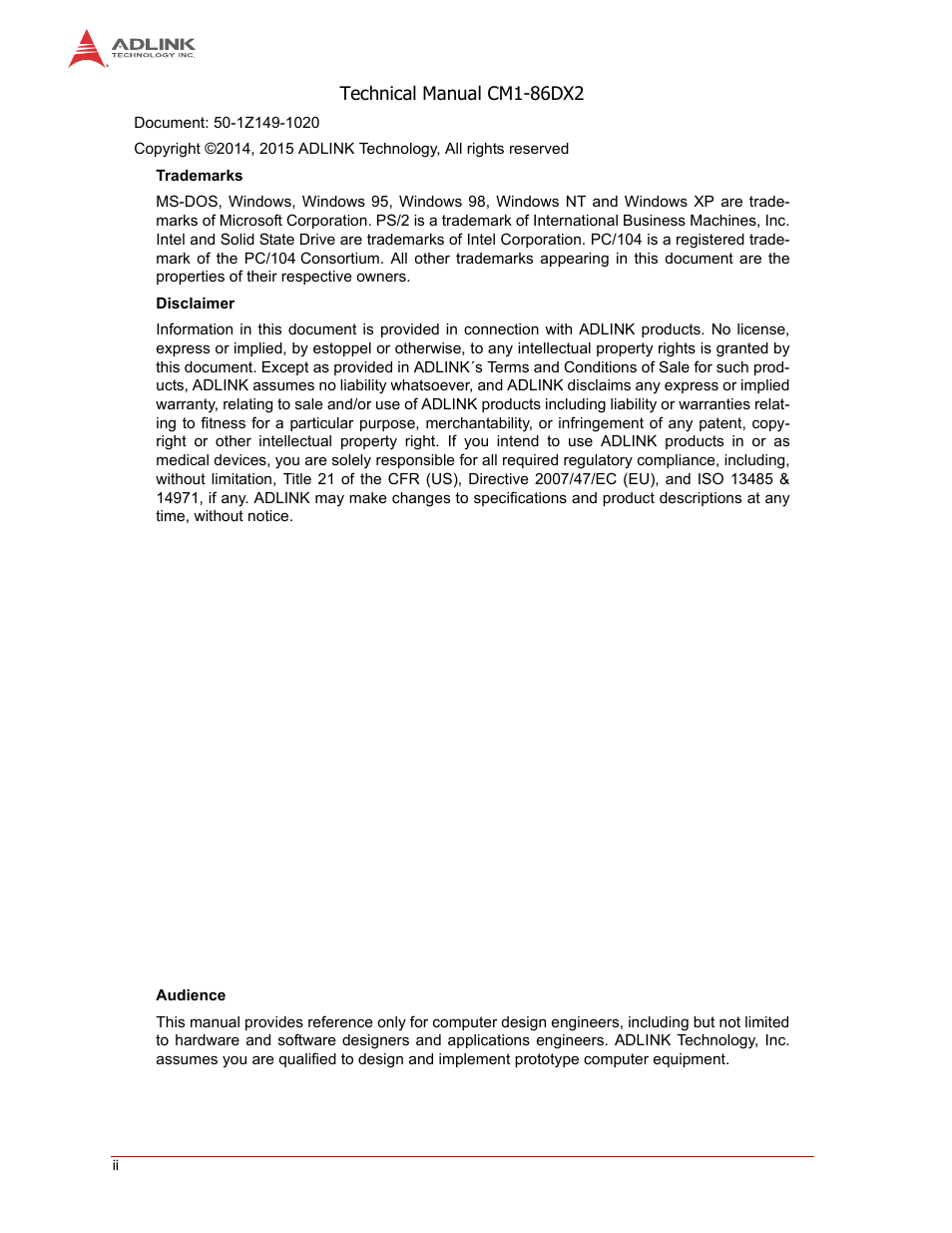 ADLINK CM1-86DX2 User Manual | Page 2 / 78