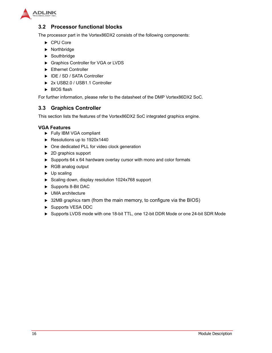 Processor functional blocks, Graphics controller, Vga features | 2 processor functional blocks, 3 graphics controller | ADLINK CM1-86DX2 User Manual | Page 22 / 78