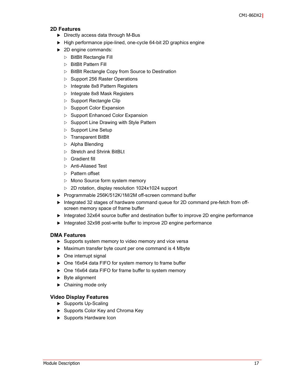 2d features dma features video display features | ADLINK CM1-86DX2 User Manual | Page 23 / 78