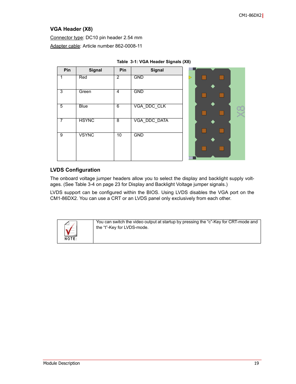 Vga header (x8) lvds configuration | ADLINK CM1-86DX2 User Manual | Page 25 / 78