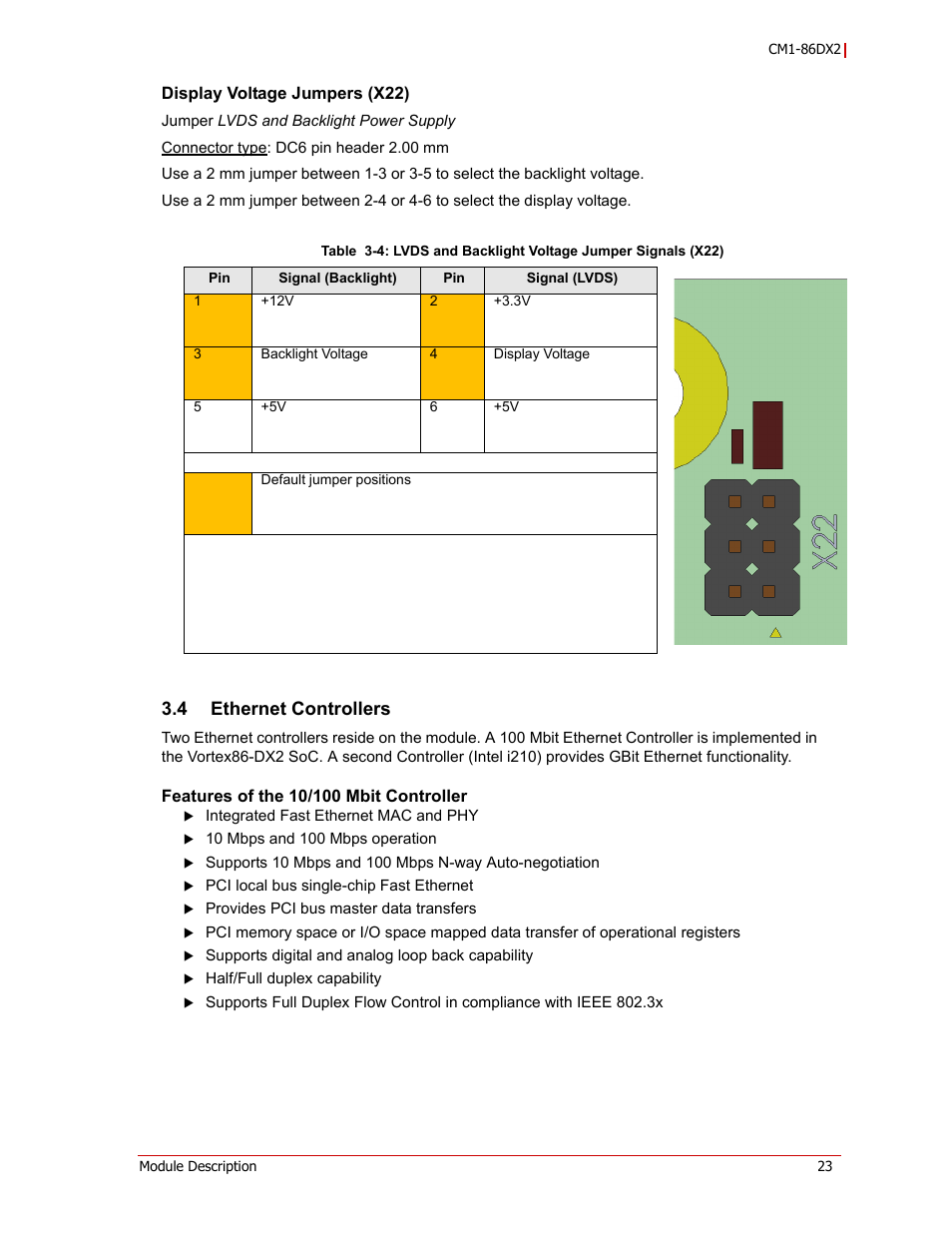 Display voltage jumpers (x22), Ethernet controllers, Features of the 10/100 mbit controller | 4 ethernet controllers | ADLINK CM1-86DX2 User Manual | Page 29 / 78
