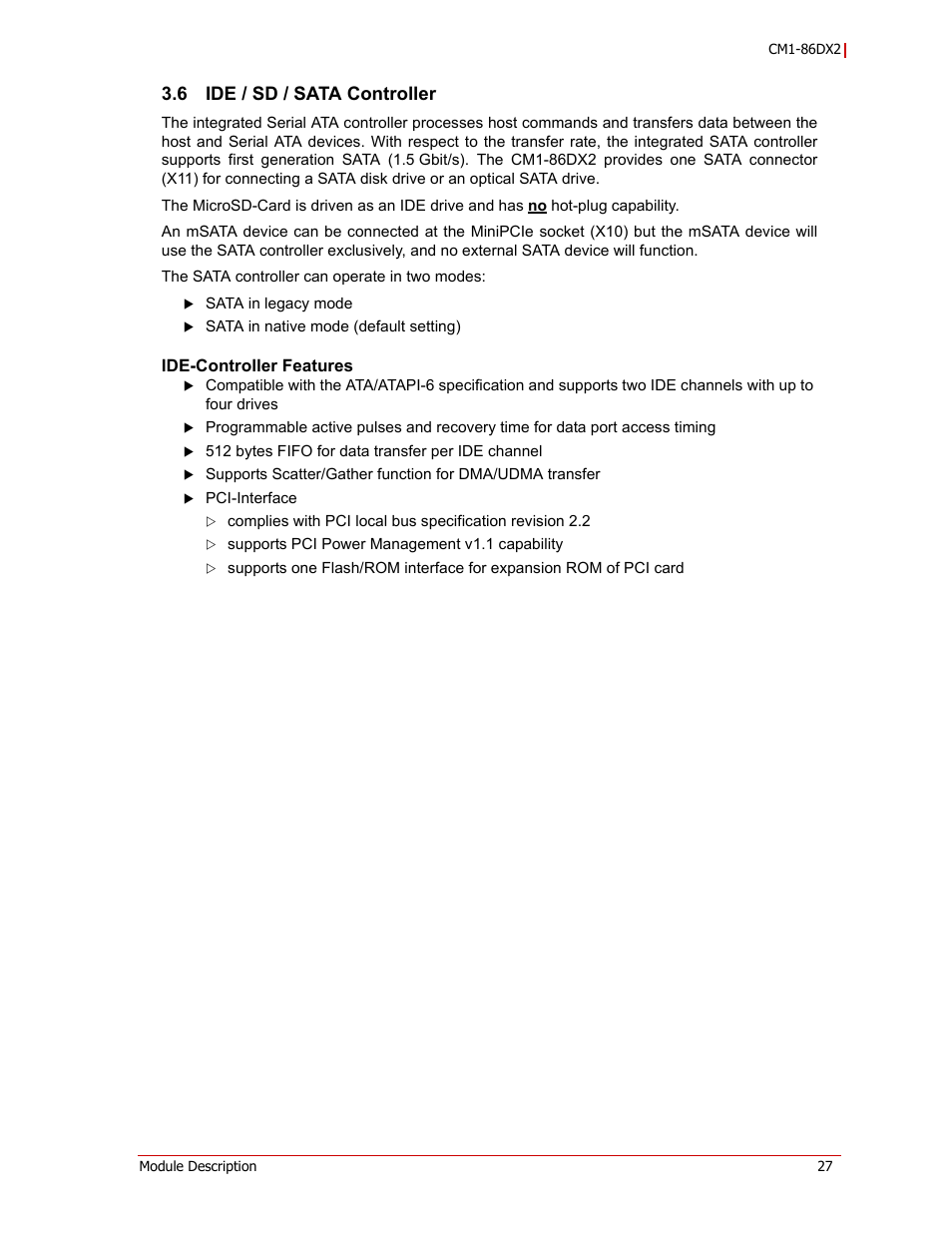 Ide / sd / sata controller, Ide-controller features, 6 ide / sd / sata controller | ADLINK CM1-86DX2 User Manual | Page 33 / 78