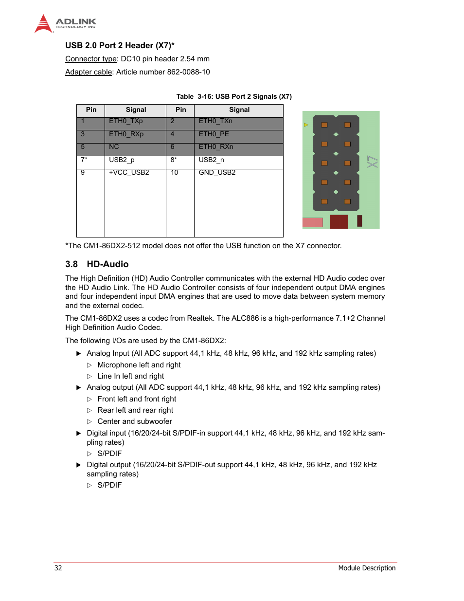Usb 2.0 port 2 header (x7), Hd-audio, 8 hd-audio | ADLINK CM1-86DX2 User Manual | Page 38 / 78