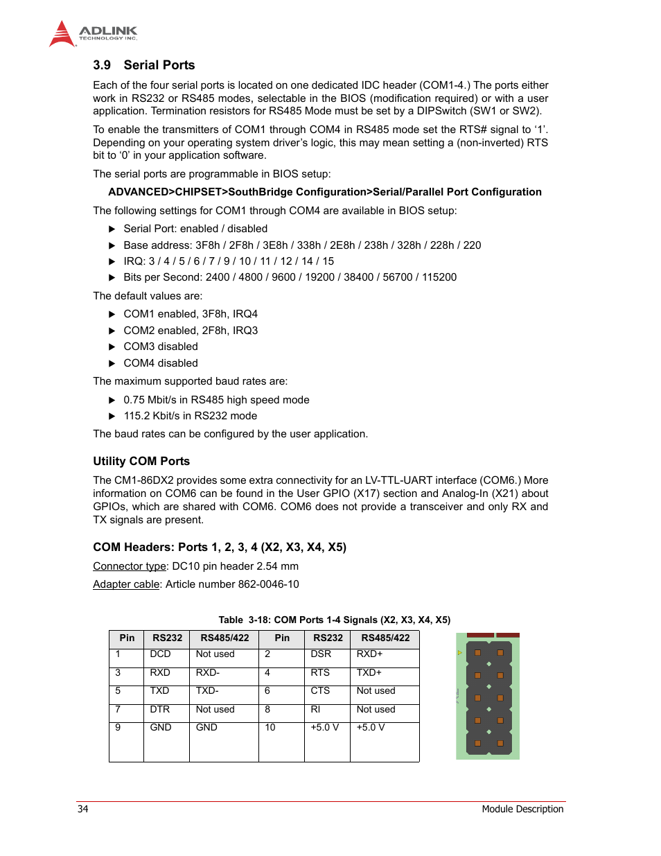 Serial ports, 9 serial ports | ADLINK CM1-86DX2 User Manual | Page 40 / 78