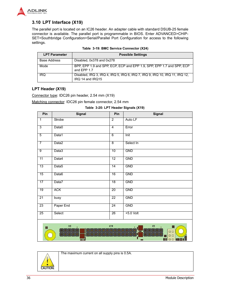 10 lpt interface (x19), Lpt header (x19) | ADLINK CM1-86DX2 User Manual | Page 42 / 78