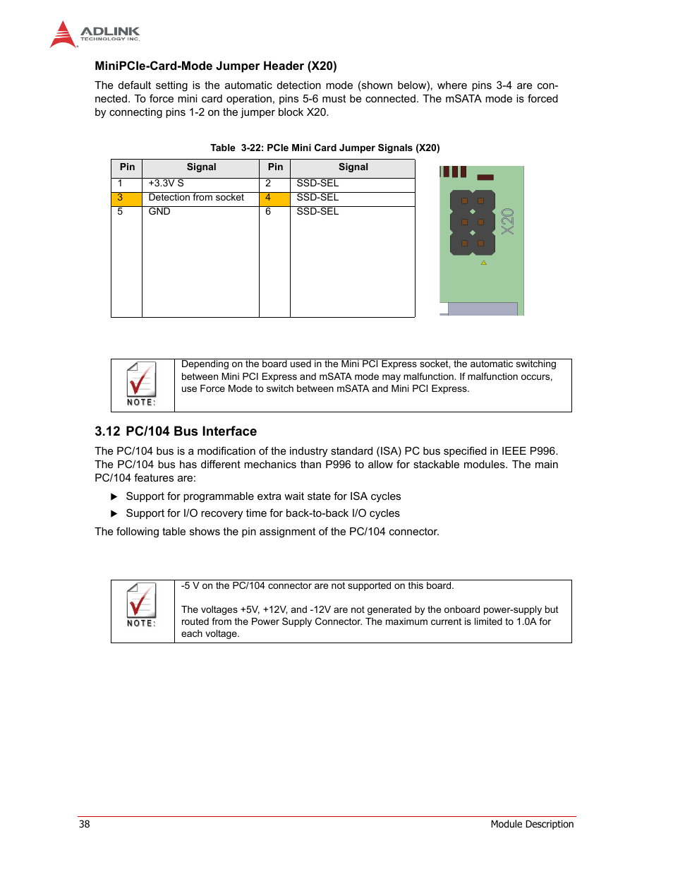 Minipcie-card-mode jumper header (x20), 12 pc/104 bus interface | ADLINK CM1-86DX2 User Manual | Page 44 / 78