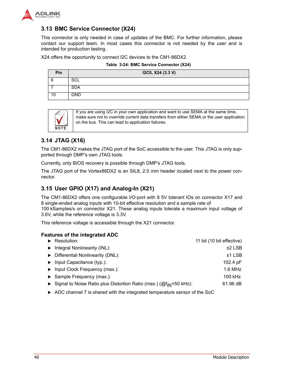 Features of the integrated adc, 13 bmc service connector (x24), 14 jtag (x16) | ADLINK CM1-86DX2 User Manual | Page 46 / 78