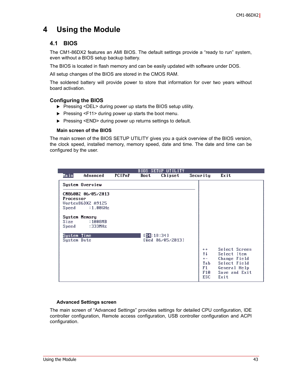 4 using the module, Bios, Configuring the bios | 4using the module | ADLINK CM1-86DX2 User Manual | Page 49 / 78