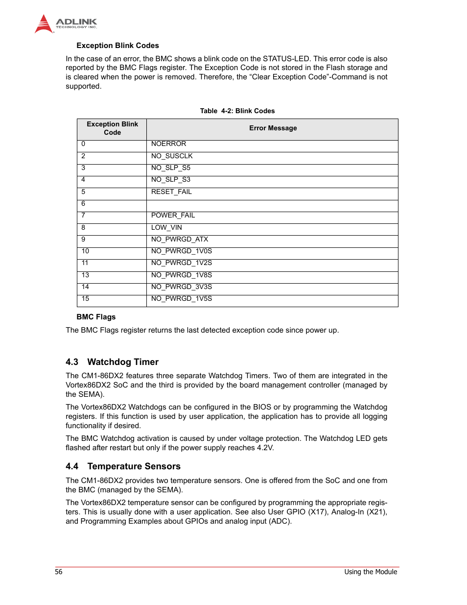 Watchdog timer, Temperature sensors, 3 watchdog timer | 4 temperature sensors | ADLINK CM1-86DX2 User Manual | Page 62 / 78