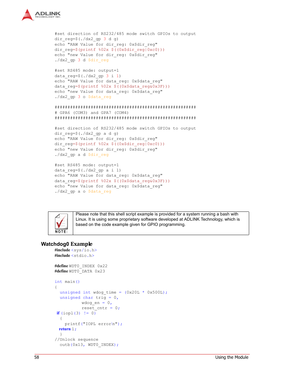 Watchdog0 example, Example | ADLINK CM1-86DX2 User Manual | Page 64 / 78