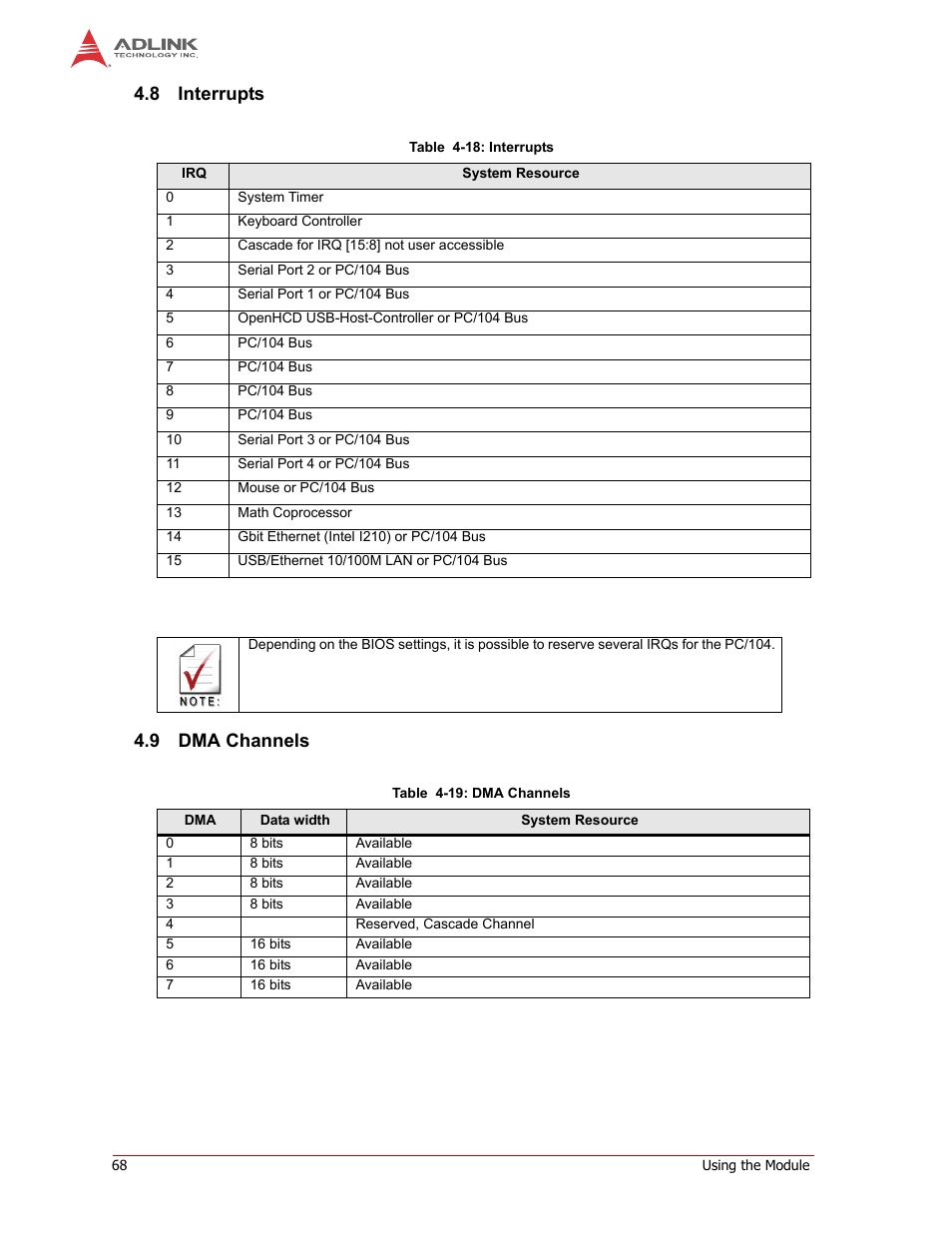 Interrupts, Dma channels, 8 interrupts 4.9 dma channels | ADLINK CM1-86DX2 User Manual | Page 74 / 78