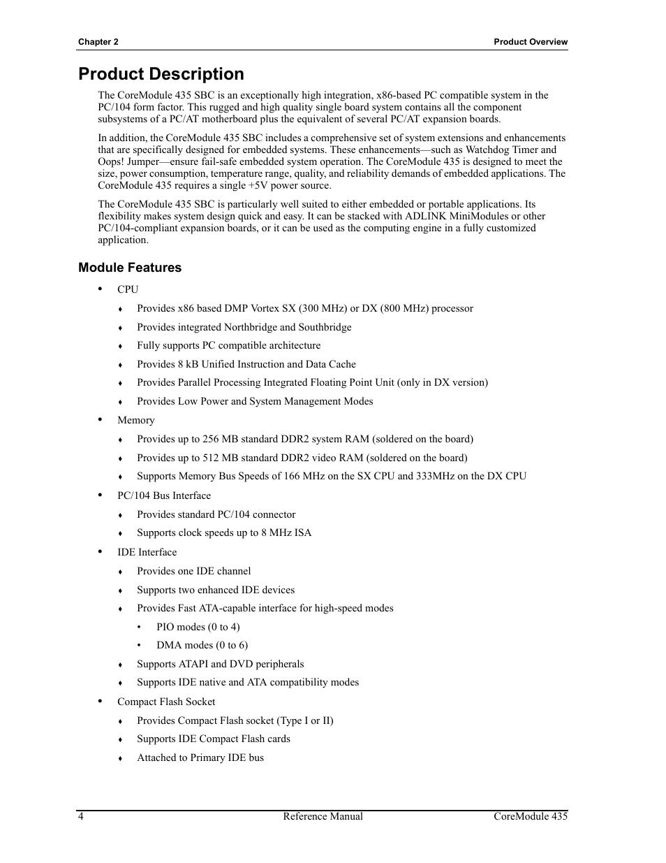 Product description, Module features | ADLINK CoreModule 435 User Manual | Page 10 / 58