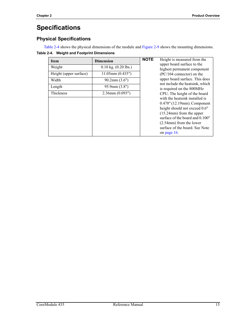 Specifications, Physical specifications, Table 2-4 | Weight and footprint dimensions | ADLINK CoreModule 435 User Manual | Page 21 / 58