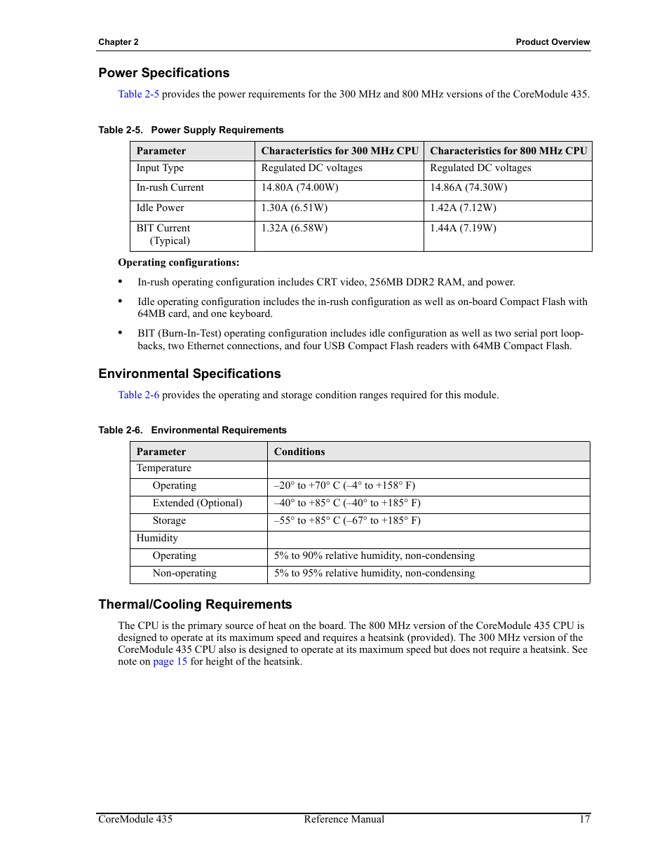 Table 2-5, Power supply requirements, Table 2-6 | Environmental requirements | ADLINK CoreModule 435 User Manual | Page 23 / 58