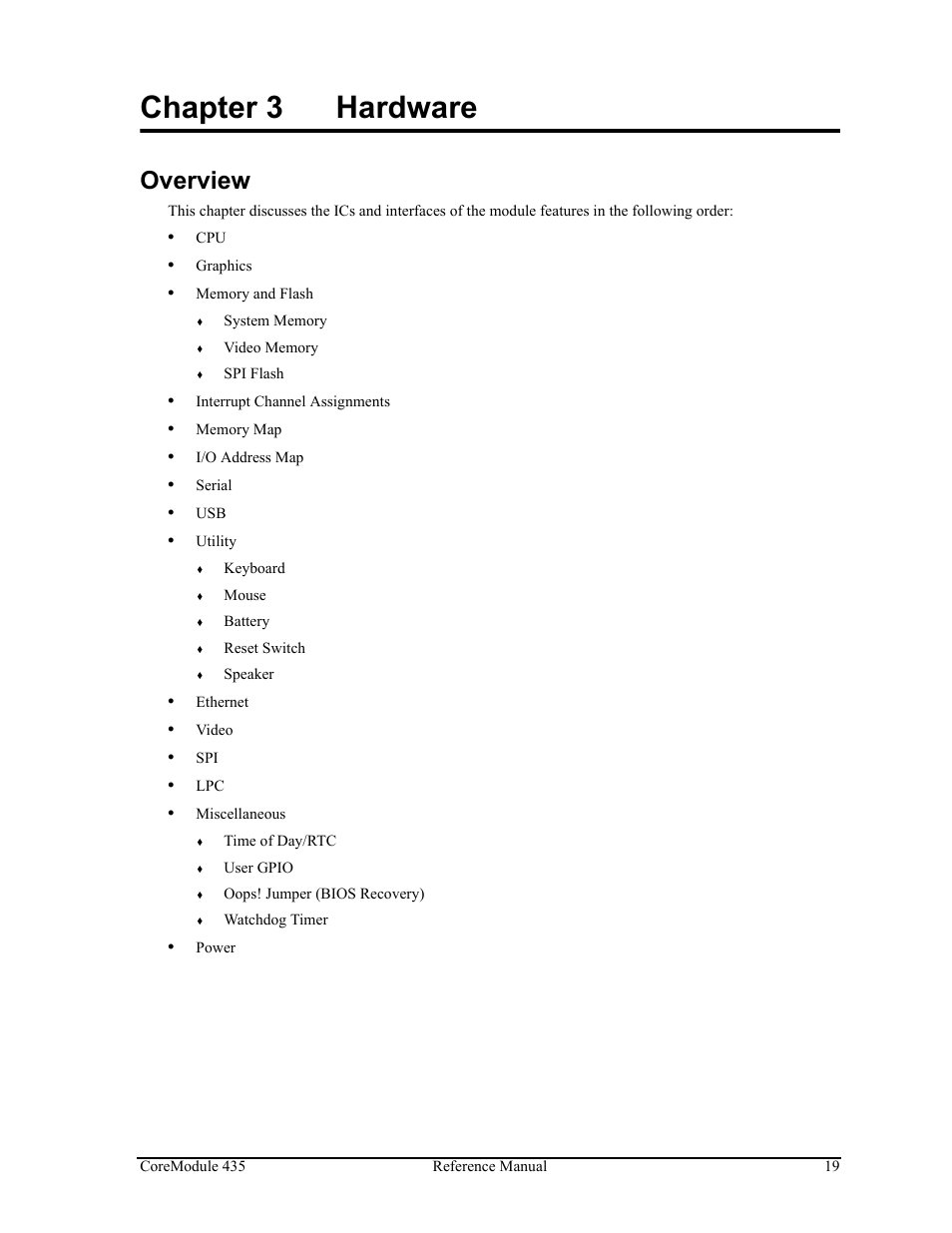 Chapter 3, Hardware, Overview | Chapter 3 hardware | ADLINK CoreModule 435 User Manual | Page 25 / 58