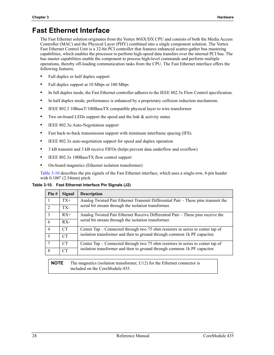 Fast ethernet interface, Table 3-10, Fast ethernet interface pin signals (j2) | ADLINK CoreModule 435 User Manual | Page 34 / 58