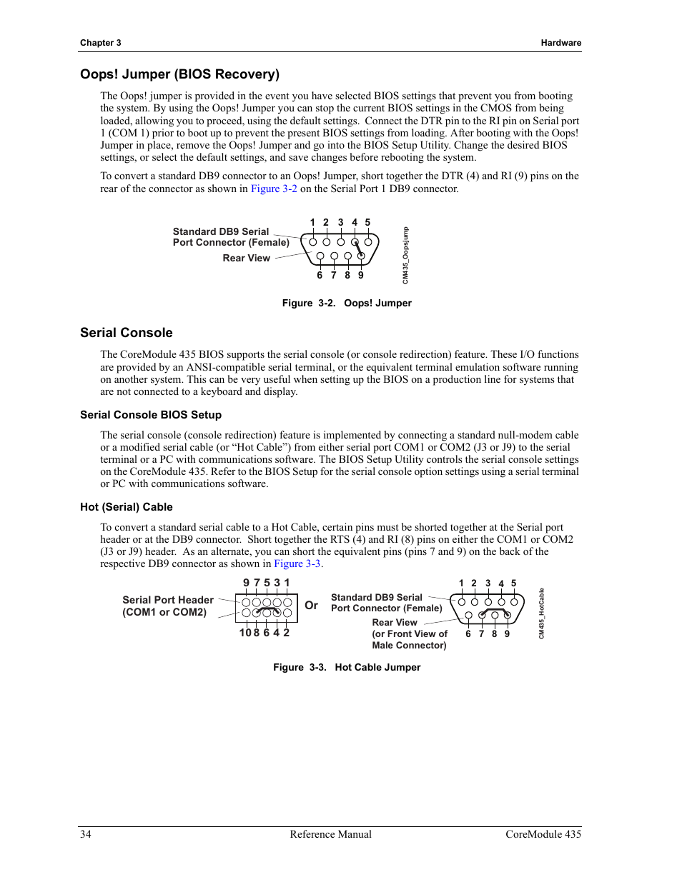 Oops! jumper (bios recovery) serial console, Serial console bios setup hot (serial) cable, Figure 3-2 | Oops! jumper, Figure 3-3, Hot cable jumper, Oops! jumper (bios recovery), Serial console | ADLINK CoreModule 435 User Manual | Page 40 / 58