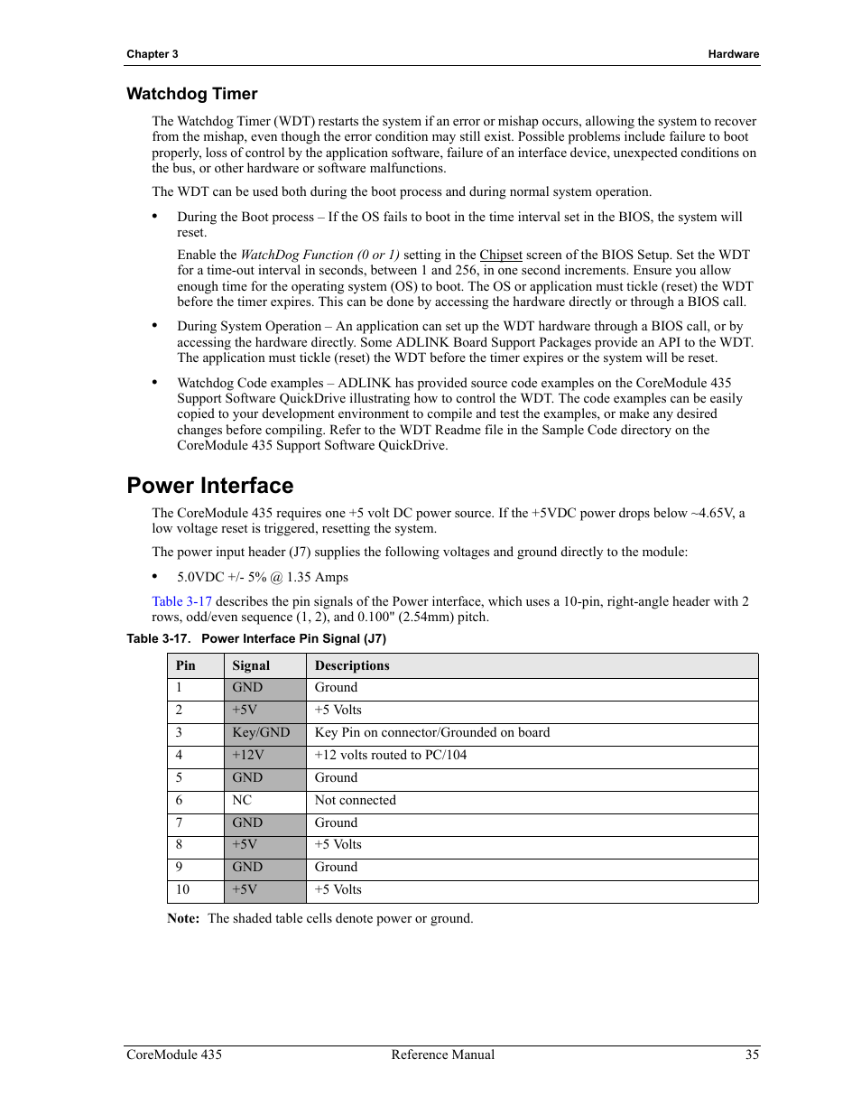 Watchdog timer, Power interface, Table 3-17 | Power interface pin signal (j7) | ADLINK CoreModule 435 User Manual | Page 41 / 58