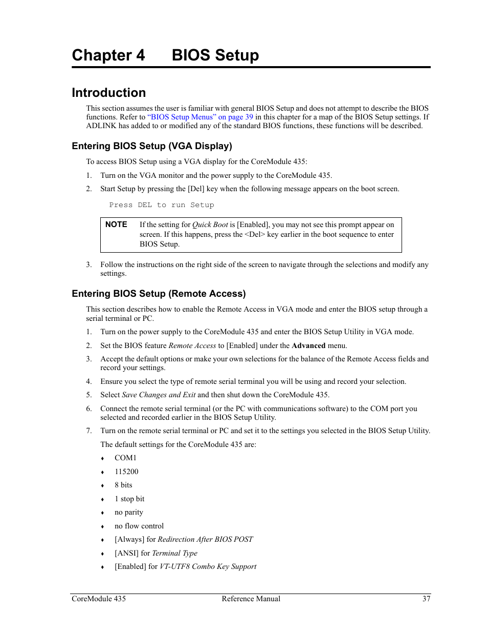 Chapter 4, Bios setup, Introduction | Chapter 4 bios setup | ADLINK CoreModule 435 User Manual | Page 43 / 58