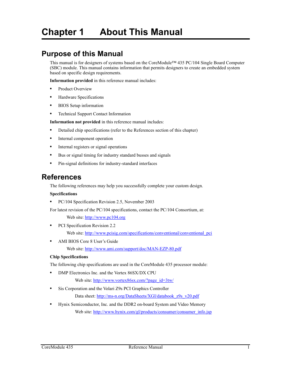 Chapter 1, About this manual, Purpose of this manual references | Chapter 1 about this manual, Purpose of this manual, References | ADLINK CoreModule 435 User Manual | Page 7 / 58