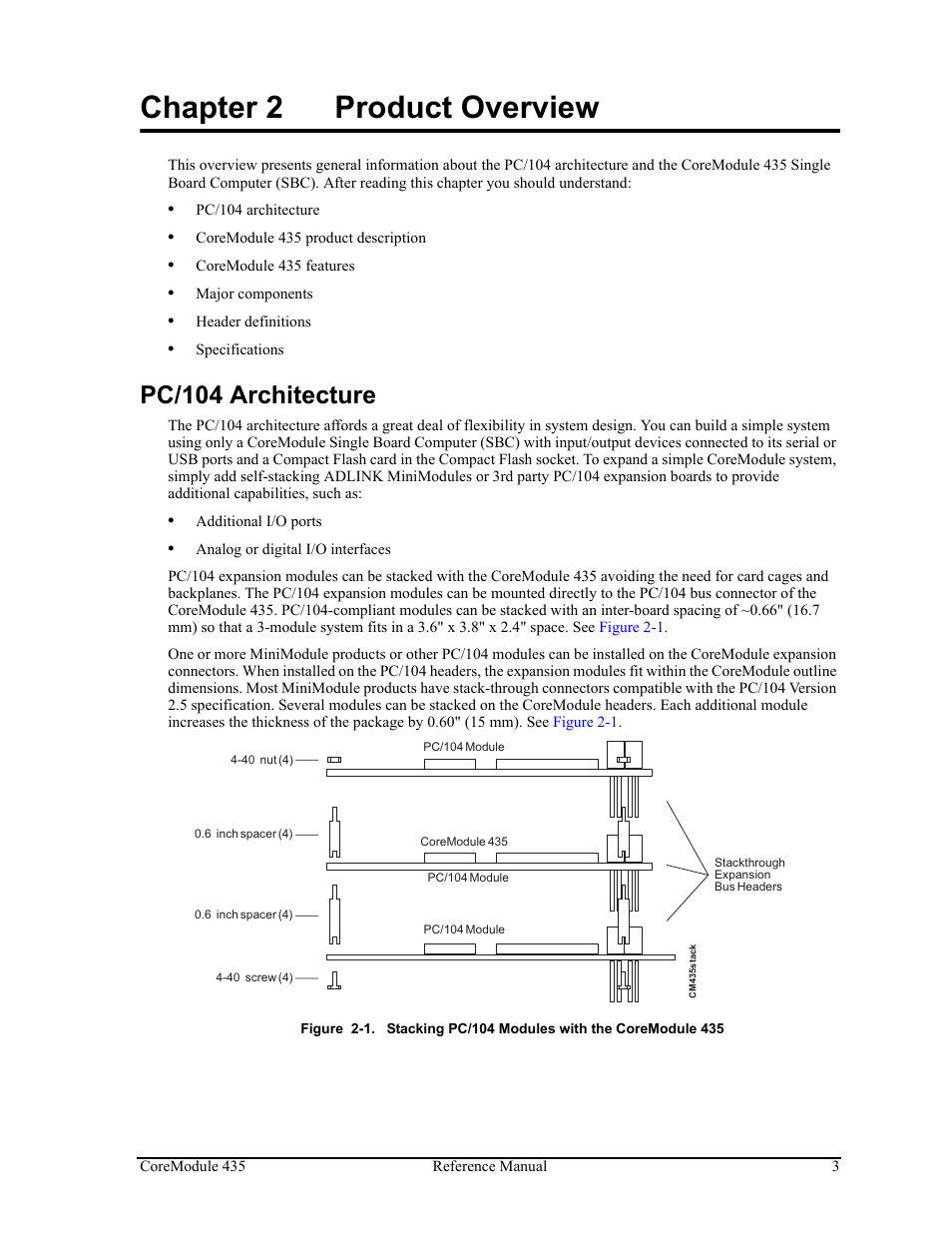 Chapter 2, Product overview, Pc/104 architecture | Figure 2-1, Stacking pc/104 modules with the coremodule 435, Chapter 2 product overview | ADLINK CoreModule 435 User Manual | Page 9 / 58