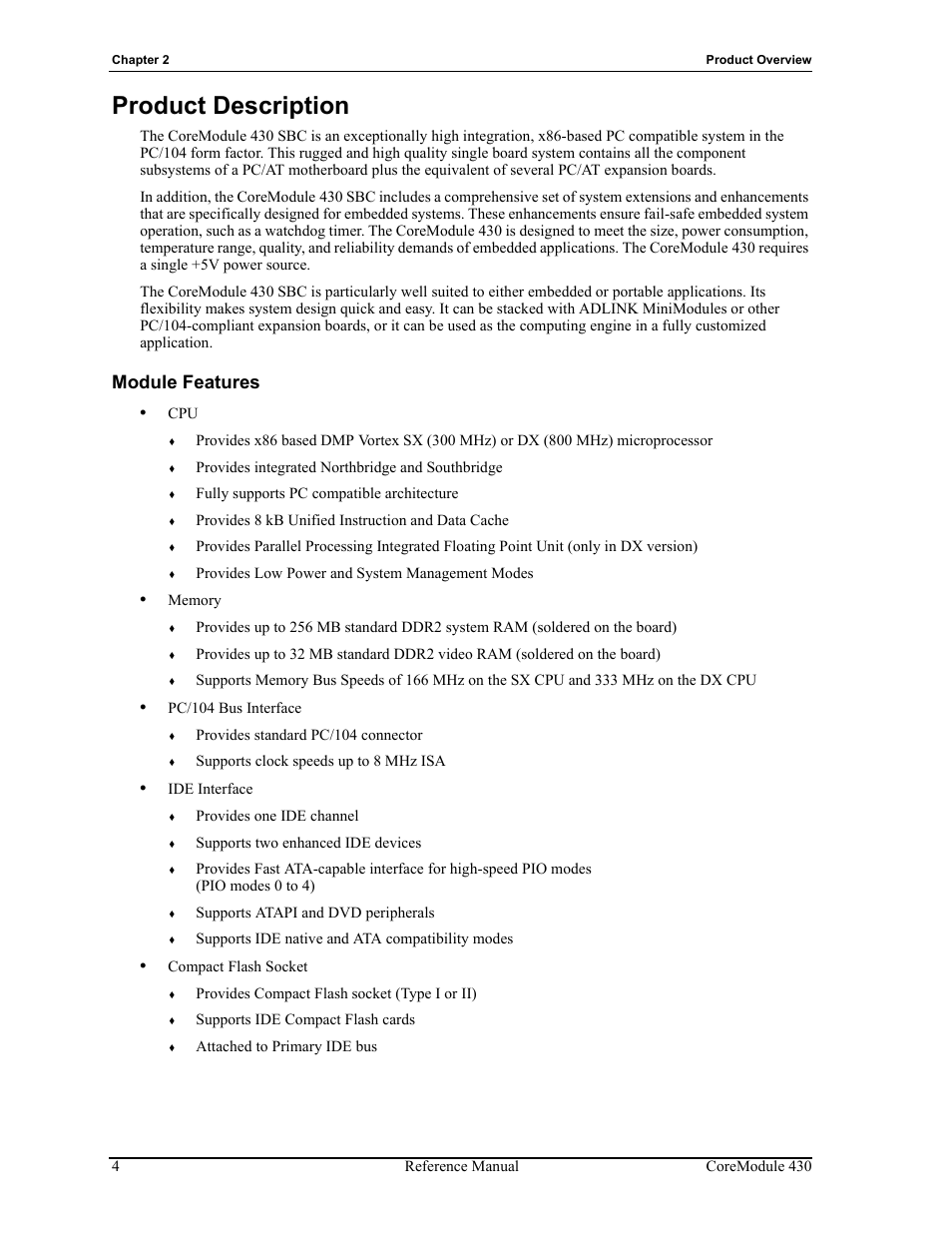 Product description, Module features | ADLINK CoreModule 430 User Manual | Page 10 / 56