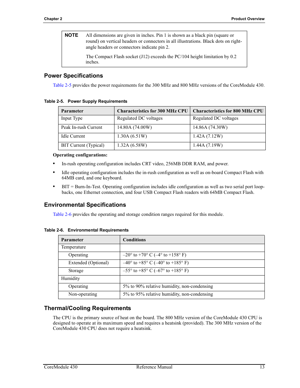 Table 2-5, Power supply requirements, Table 2-6 | Environmental requirements | ADLINK CoreModule 430 User Manual | Page 19 / 56