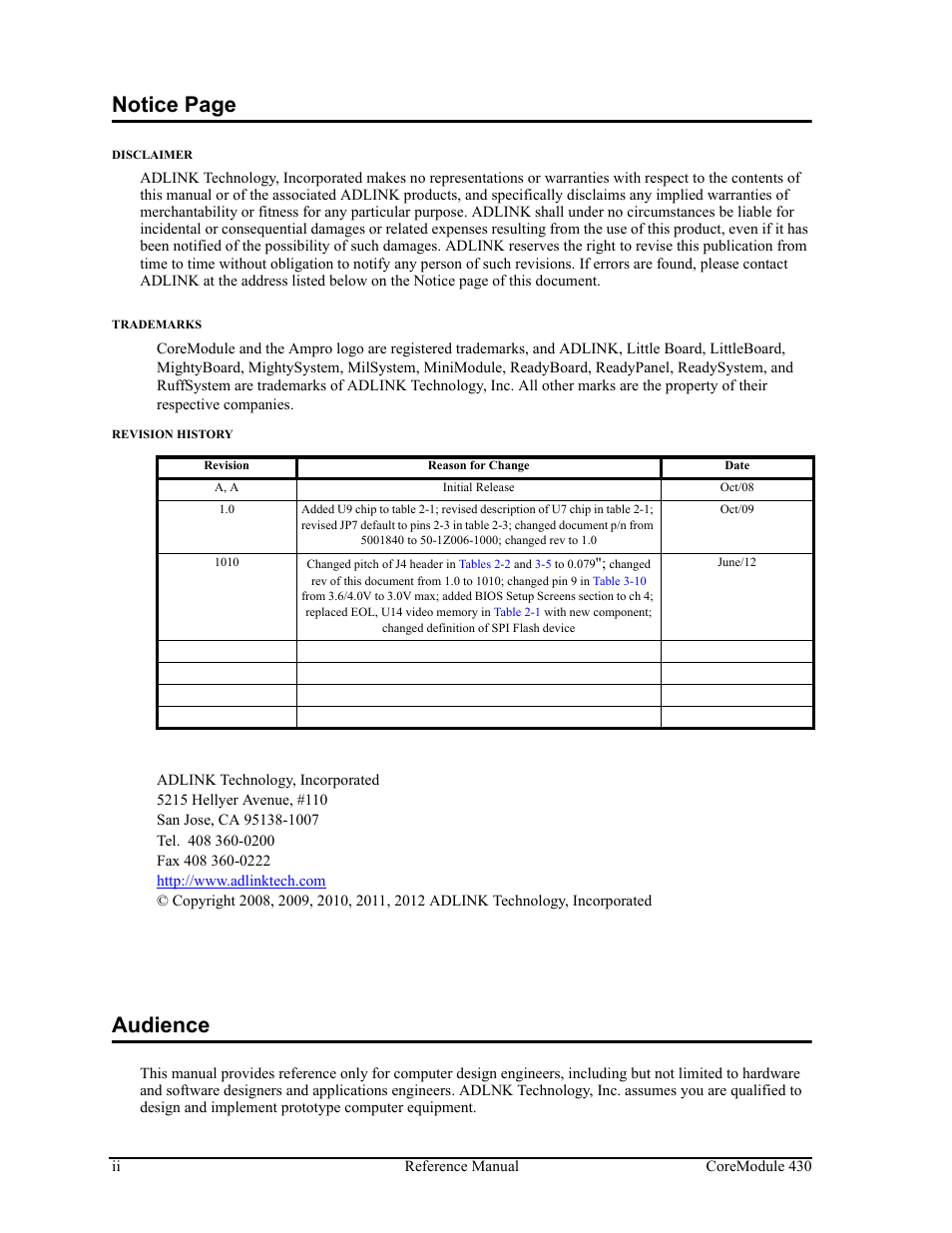 Notice page, Audience | ADLINK CoreModule 430 User Manual | Page 2 / 56